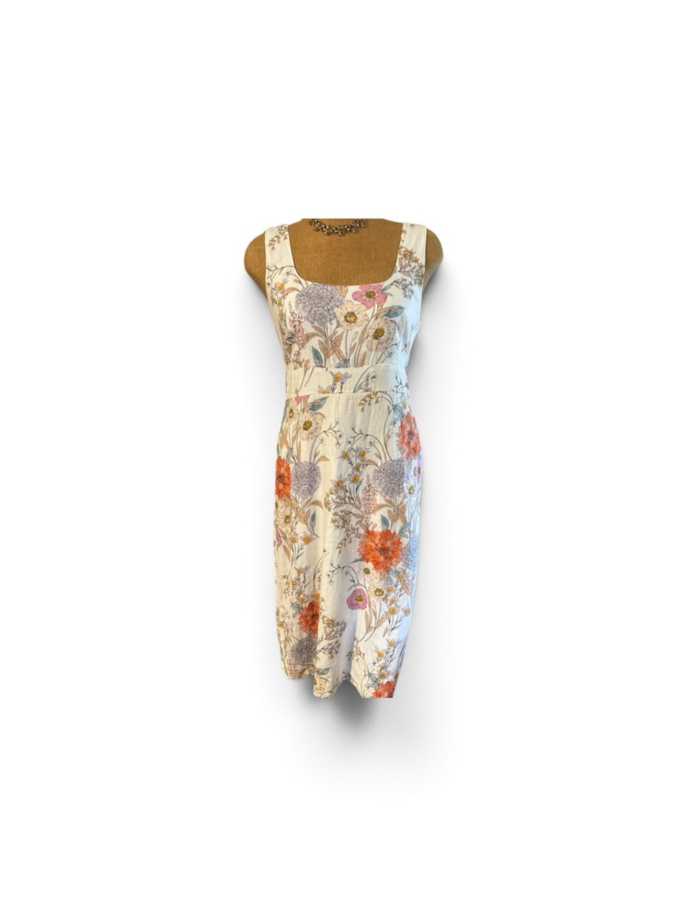 Ann Taylor Cream Floral Scoop-Neck Midi Dress with Orange & Purple Blooms